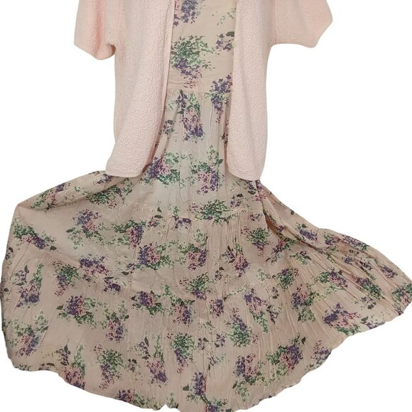 Vintage 90s 2-pc Set Floral Tank Dress & Cardigan Sweater Knit Blush Pink M/L - Picture 3 of 16